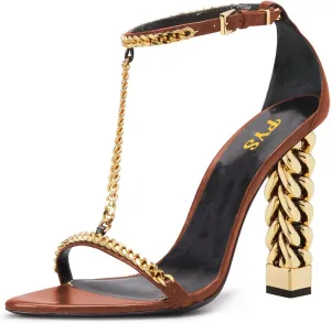 FYS Women Stylish Chain T-Strap Sandals Open Toe Gold Metal Chunky High Heel Ankle Strap Pumps with Buckled Dress Prom Party Shoes Size 4-15 US
