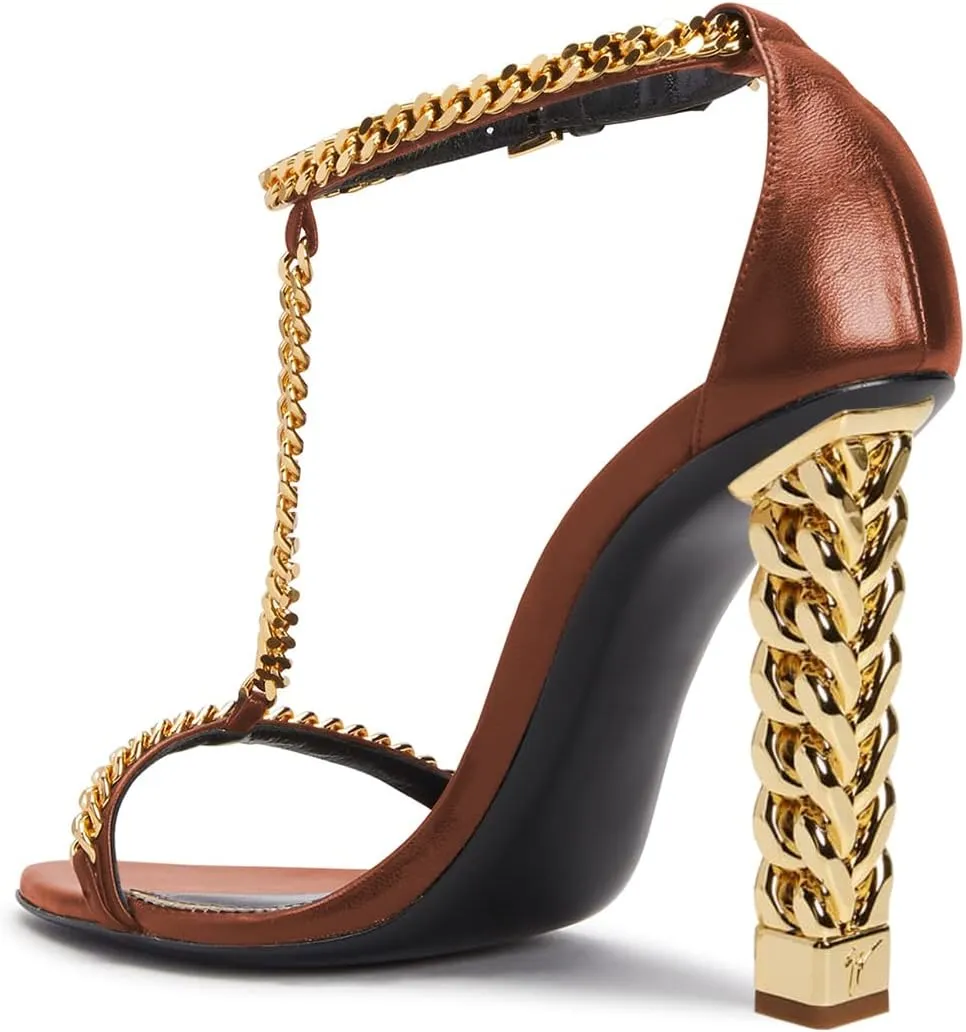 FYS Women Stylish Chain T-Strap Sandals Open Toe Gold Metal Chunky High Heel Ankle Strap Pumps with Buckled Dress Prom Party Shoes Size 4-15 US