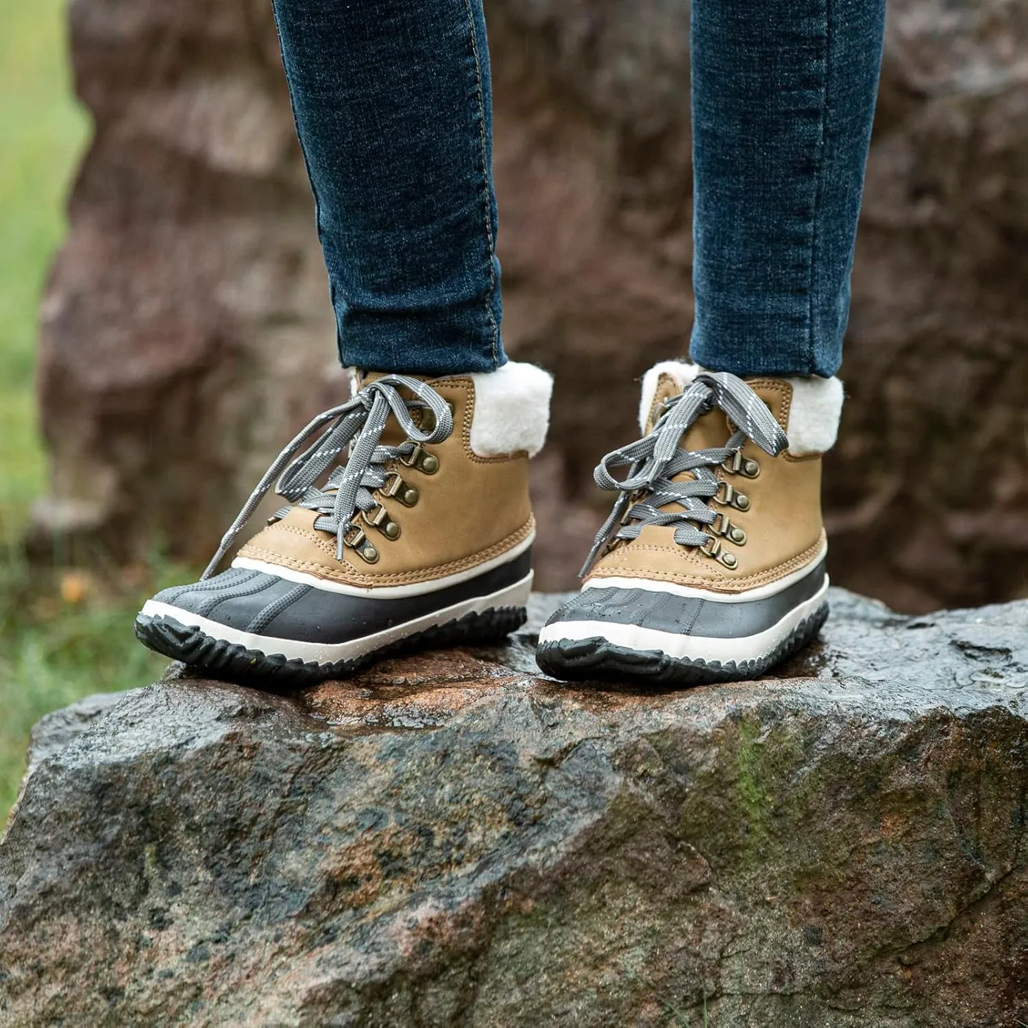 GAWBAW Womens Waterproof Winter Snow Boots - Warm Faux Fur Lined Lace up Duck Boots Ankle Rain Boots For Women