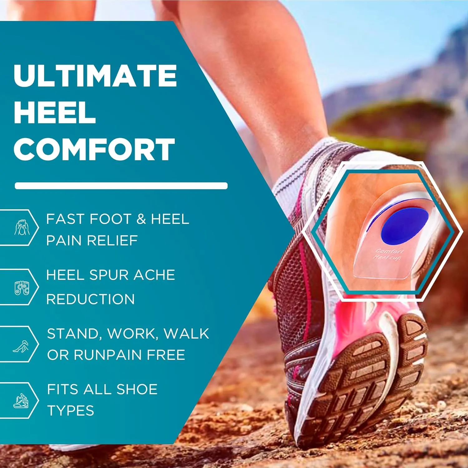 Gel Silicone Heel Cups/Pads, 6 Pack, FSA HSA Eligible, for Achilles Tendonitis, Shoe Wedge Inserts for Plantar Fasciitis, Bone Spur, Foot Pain Relief Support, Comfort Cushion Insoles for Women/Men