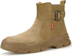 GLANOUDUN Welding Work Boots for Men High top Steel Toe Boots Indestructible Men's Steel Toe Shoes Zipper Construction Shoes Laceless Safety Welder Footwear Brown