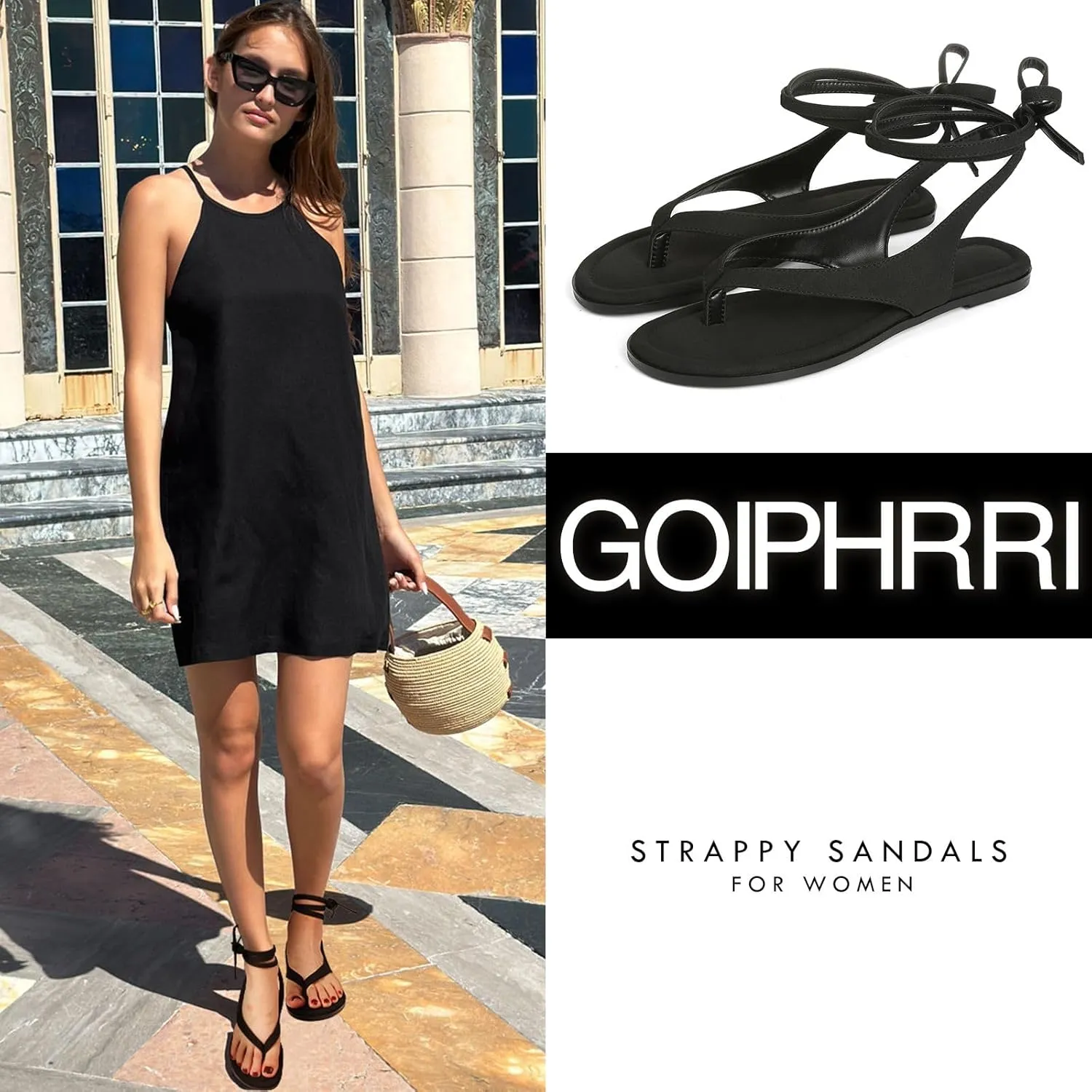 Goiphrri Flat Sandals for Women Dressy Comfortable Soft Lace Up Strappy Sandals Round Toe Thong Sandals for Women Flip Flop Sandals Casual Fashion Cute Summer Beach