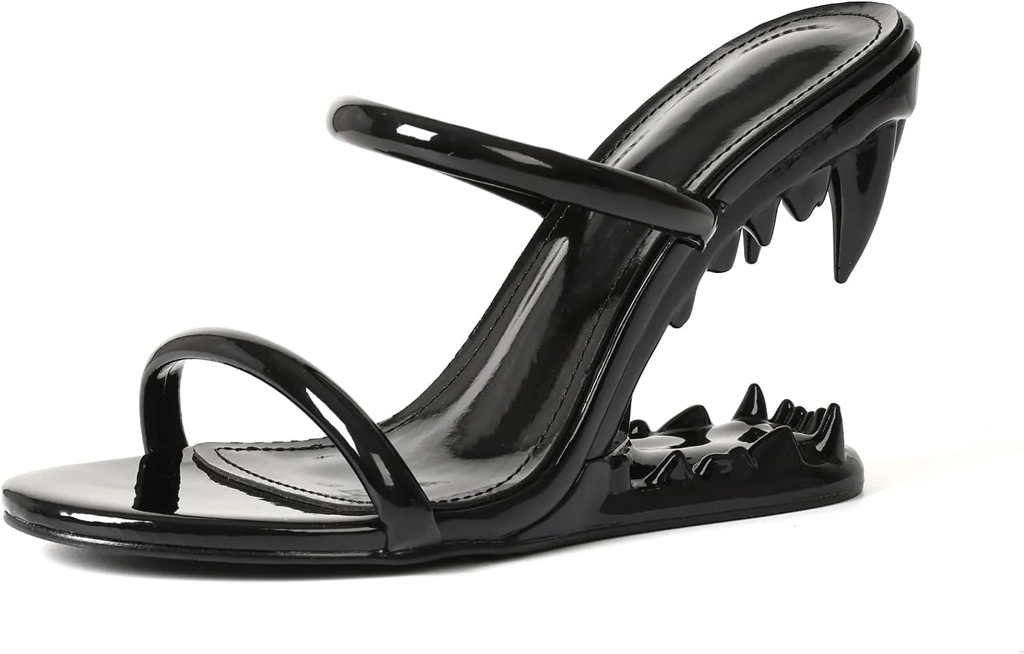 Goiphrri Wedge Sandals for Women Strappy Heels Round Open Toe Heels Metallic Shark Tiger Teeth heeled Sandals Flip Flops Thong Womens Mules Slip on Party Dress Wedding Ceremony
