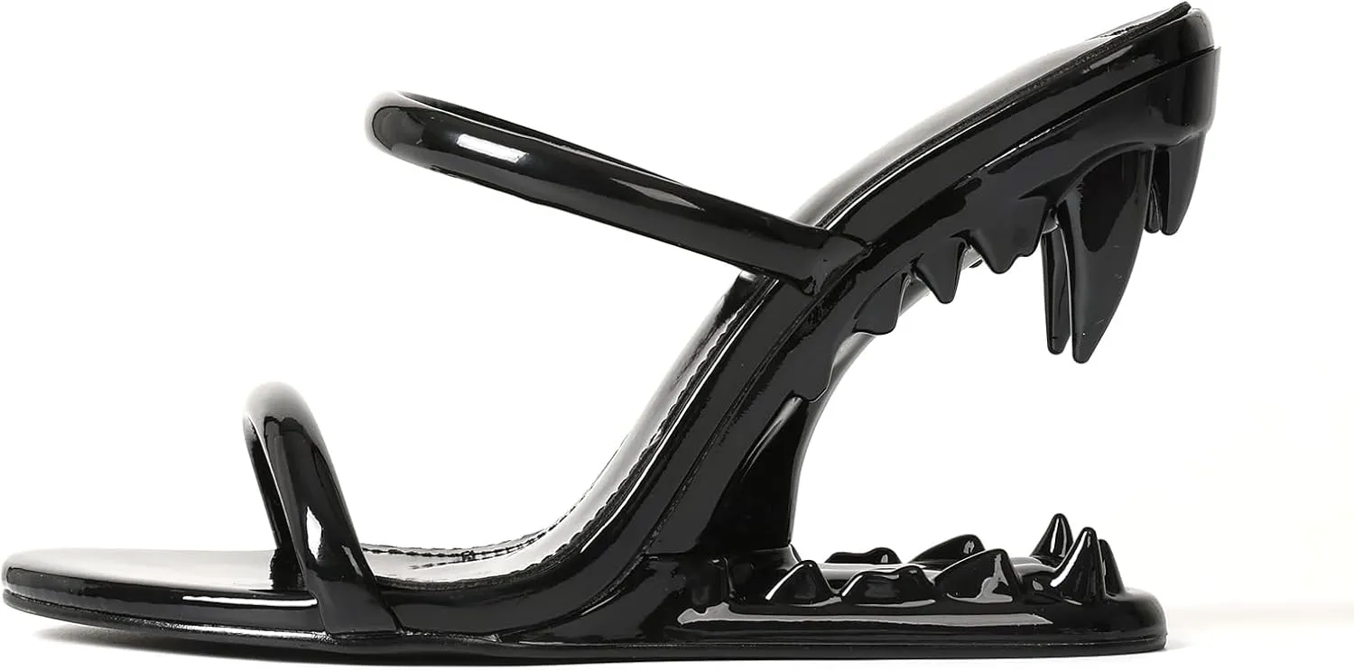 Goiphrri Wedge Sandals for Women Strappy Heels Round Open Toe Heels Metallic Shark Tiger Teeth heeled Sandals Flip Flops Thong Womens Mules Slip on Party Dress Wedding Ceremony