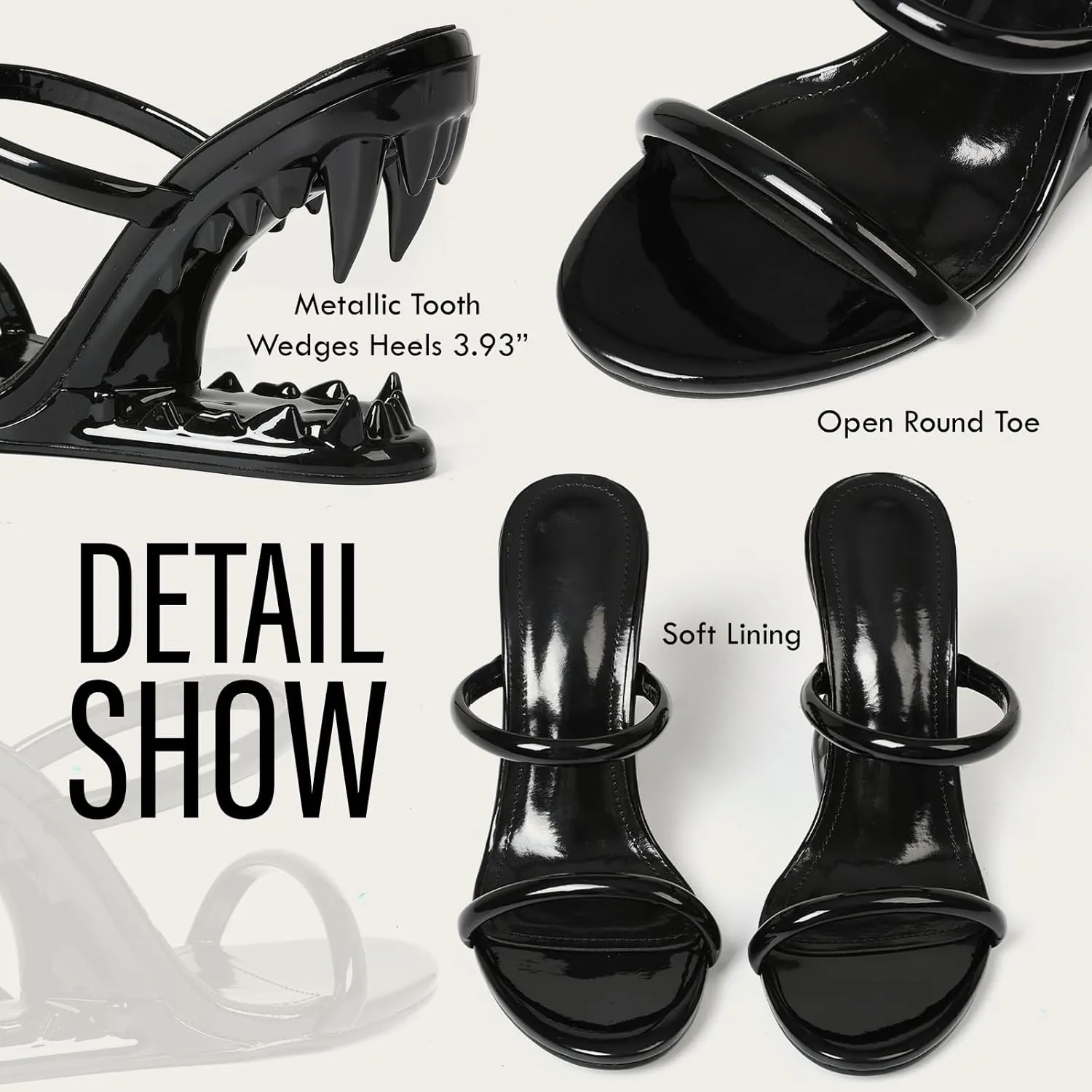 Goiphrri Wedge Sandals for Women Strappy Heels Round Open Toe Heels Metallic Shark Tiger Teeth heeled Sandals Flip Flops Thong Womens Mules Slip on Party Dress Wedding Ceremony