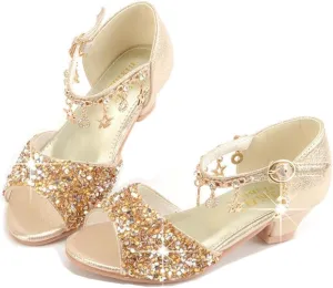 GOJERP Little Kids Girls Sandals Glitter Rhinestone Dress Pumps Sequins Princess Low Heels Party Dance Shoes (Golden, numeric_9)