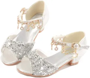 GOJERP Little Kids Girls Sandals Glitter Rhinestone Dress Pumps Sequins Princess Low Heels Party Dance Shoes (Silver, numeric_10)