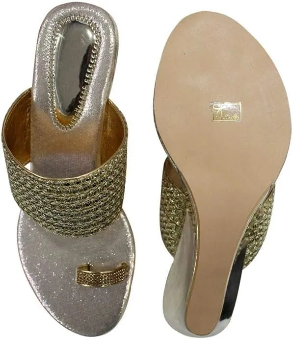 Gold Ethic Sandal Traditional Indian Sandal Shoes Handmade Shoes Wedge Heel Sandal Ladies Shoes