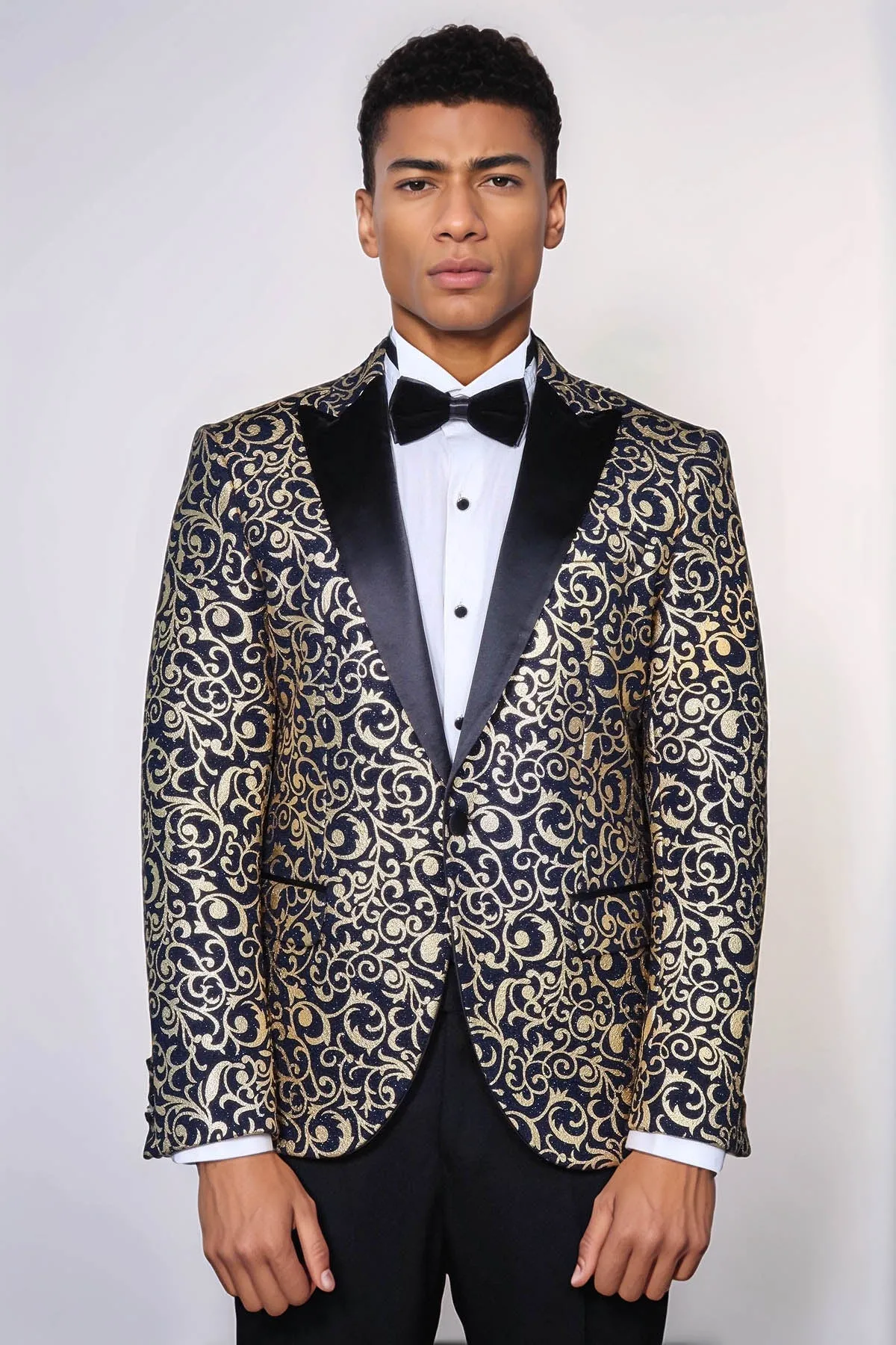 Gold Patterned Over Navy Men Prom Blazer - Wessi