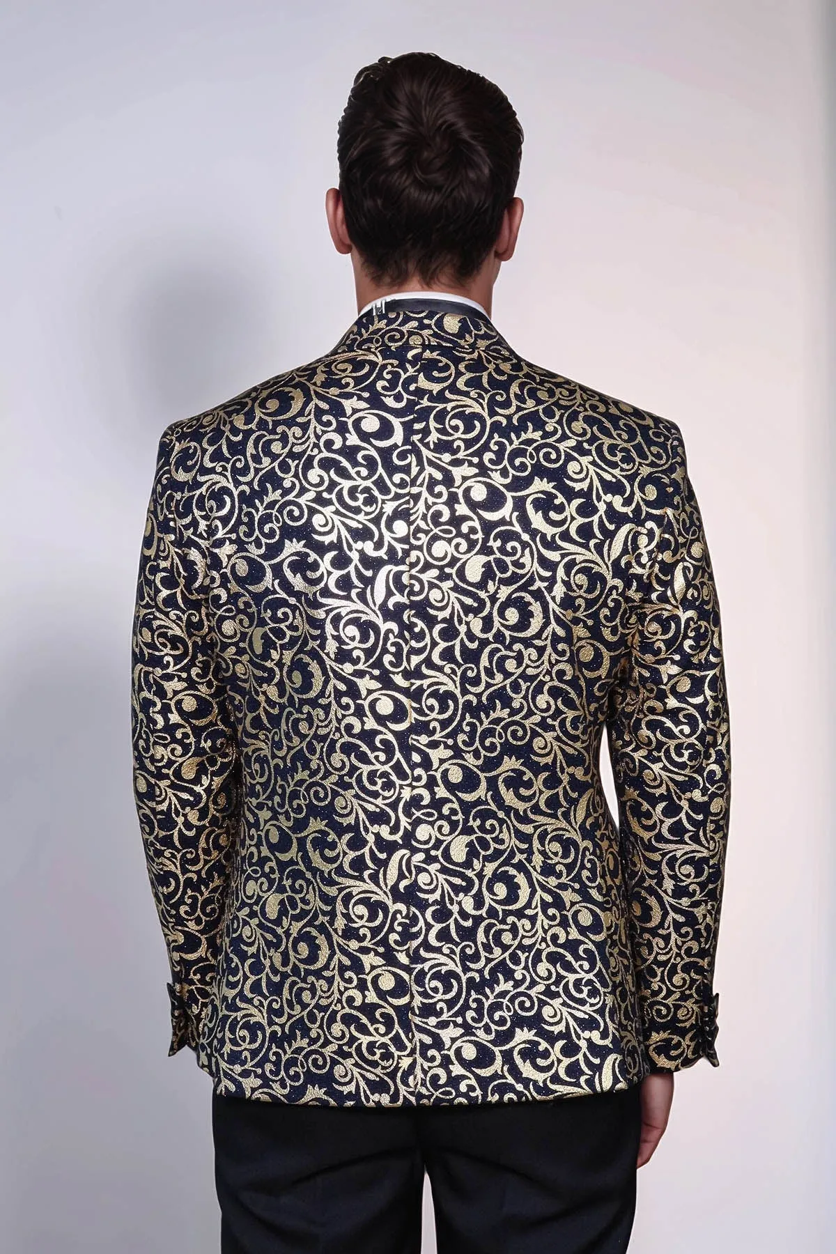Gold Patterned Over Navy Men Prom Blazer - Wessi