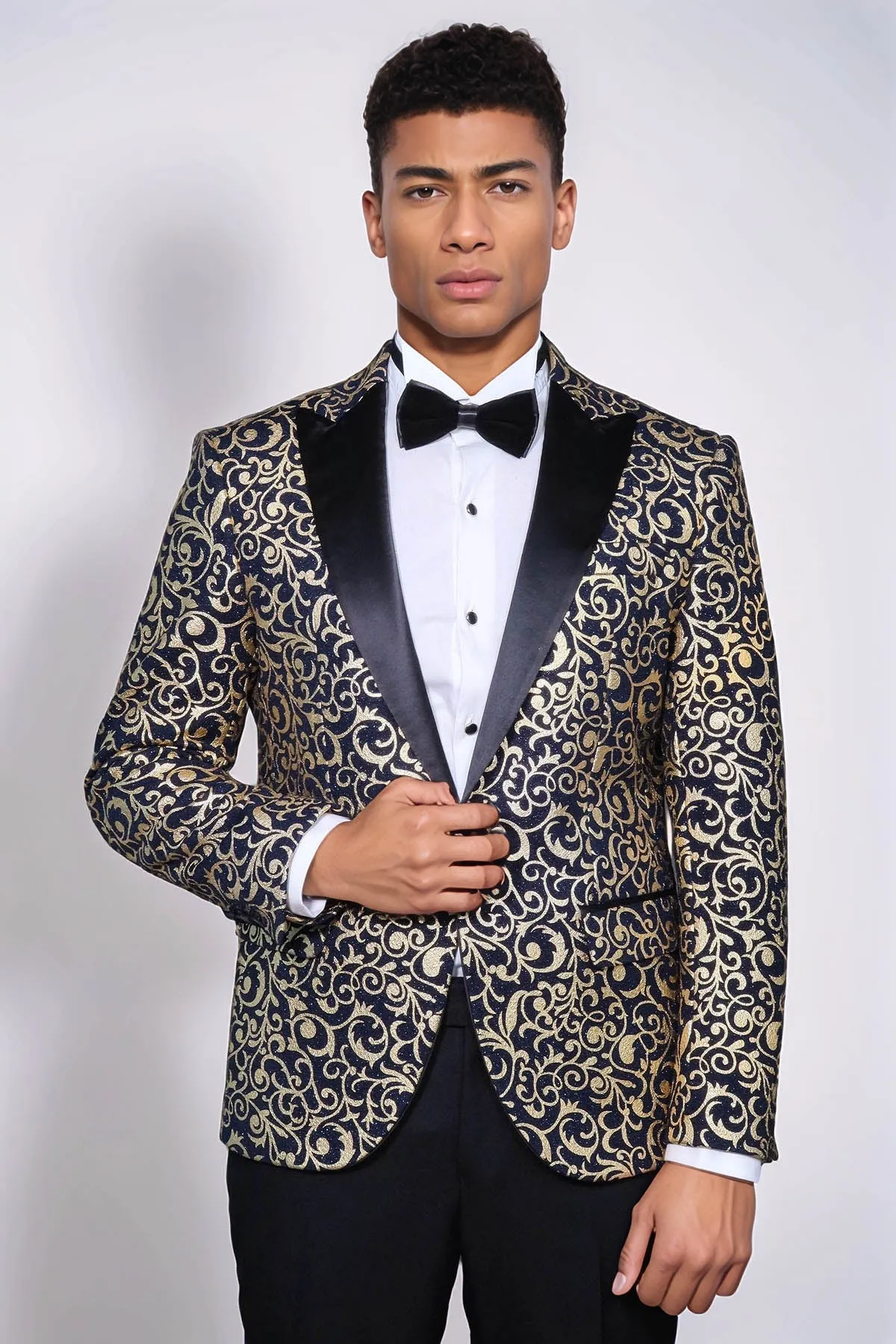 Gold Patterned Over Navy Men Prom Blazer - Wessi