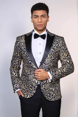 Gold Patterned Over Navy Men Prom Blazer - Wessi