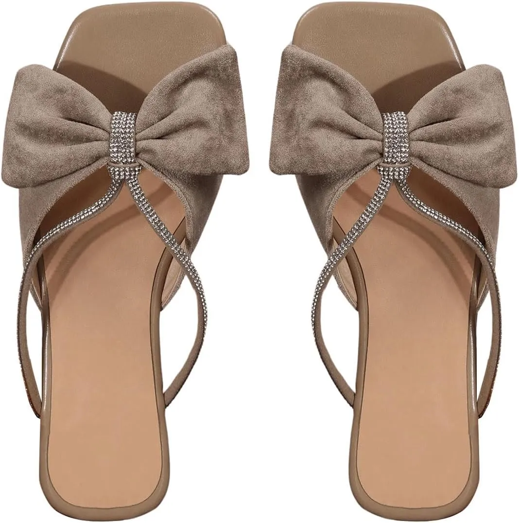 GORGLITTER Women's Bow Sandals Trendy 2025 Sparkly Rhinestone Flat sandals Open Toe Dressy Sandals