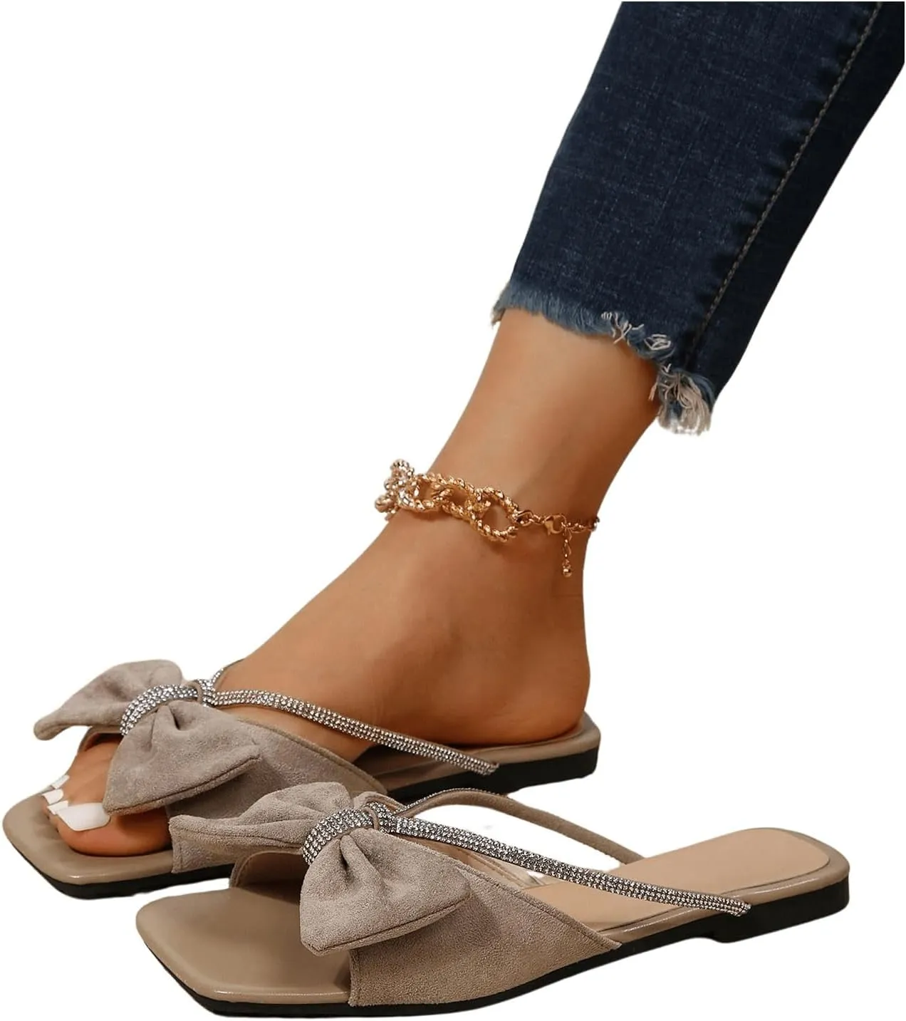 GORGLITTER Women's Bow Sandals Trendy 2025 Sparkly Rhinestone Flat sandals Open Toe Dressy Sandals