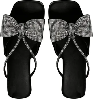 GORGLITTER Women's Bow Sandals Trendy 2025 Sparkly Rhinestone Flat sandals Open Toe Dressy Sandals