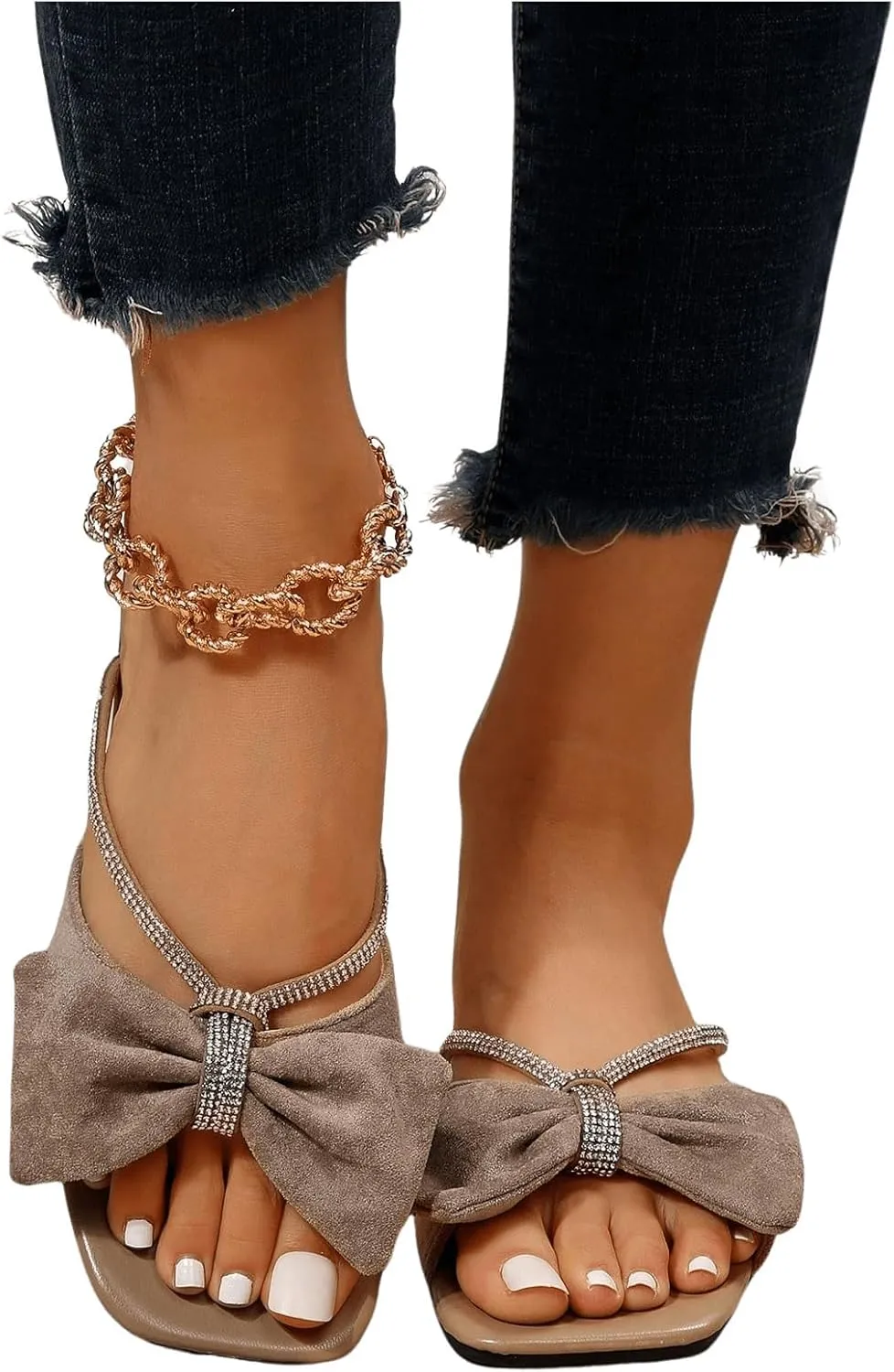 GORGLITTER Women's Bow Sandals Trendy 2025 Sparkly Rhinestone Flat sandals Open Toe Dressy Sandals