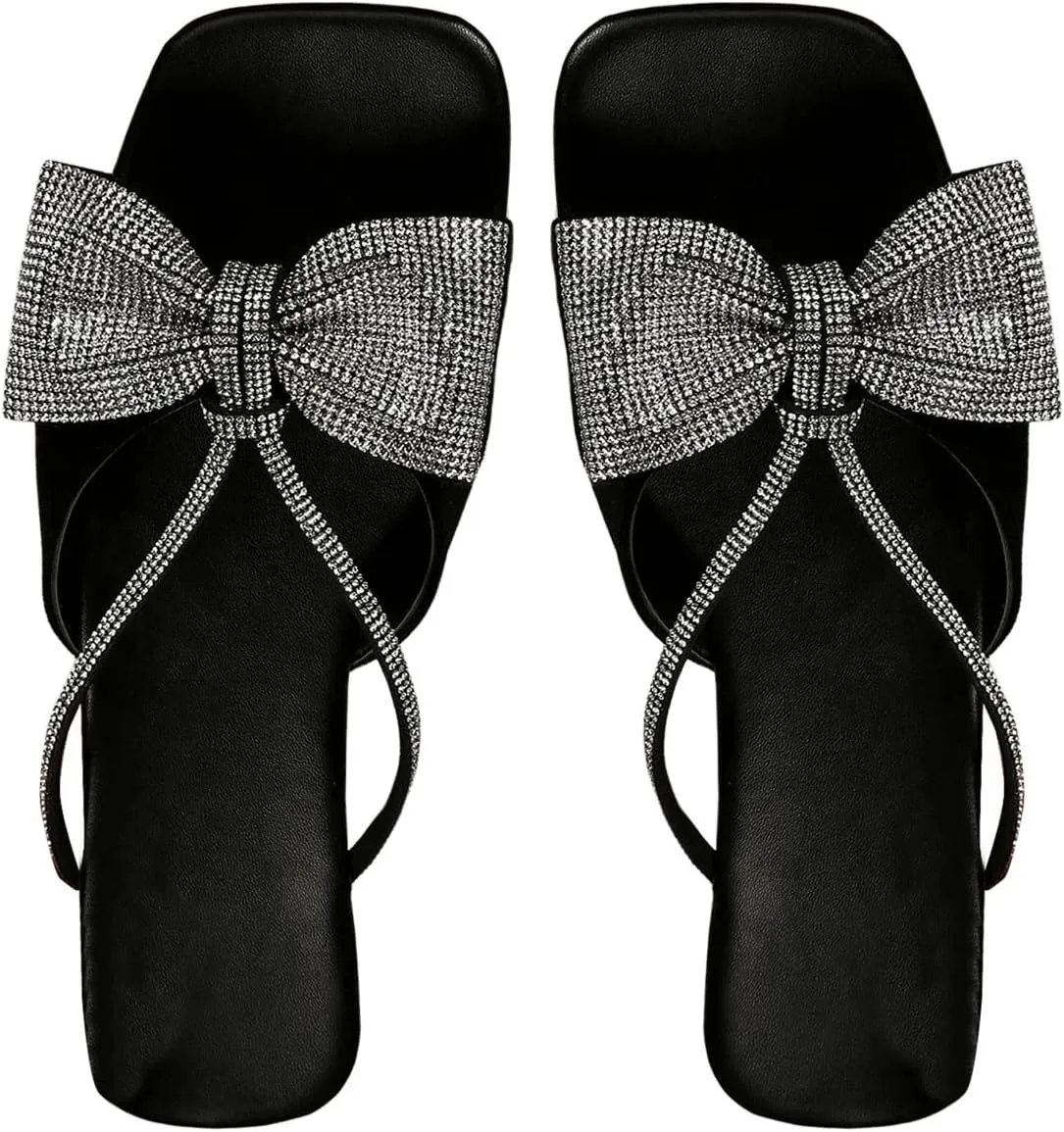GORGLITTER Women's Bow Sandals Trendy 2025 Sparkly Rhinestone Flat sandals Open Toe Dressy Sandals