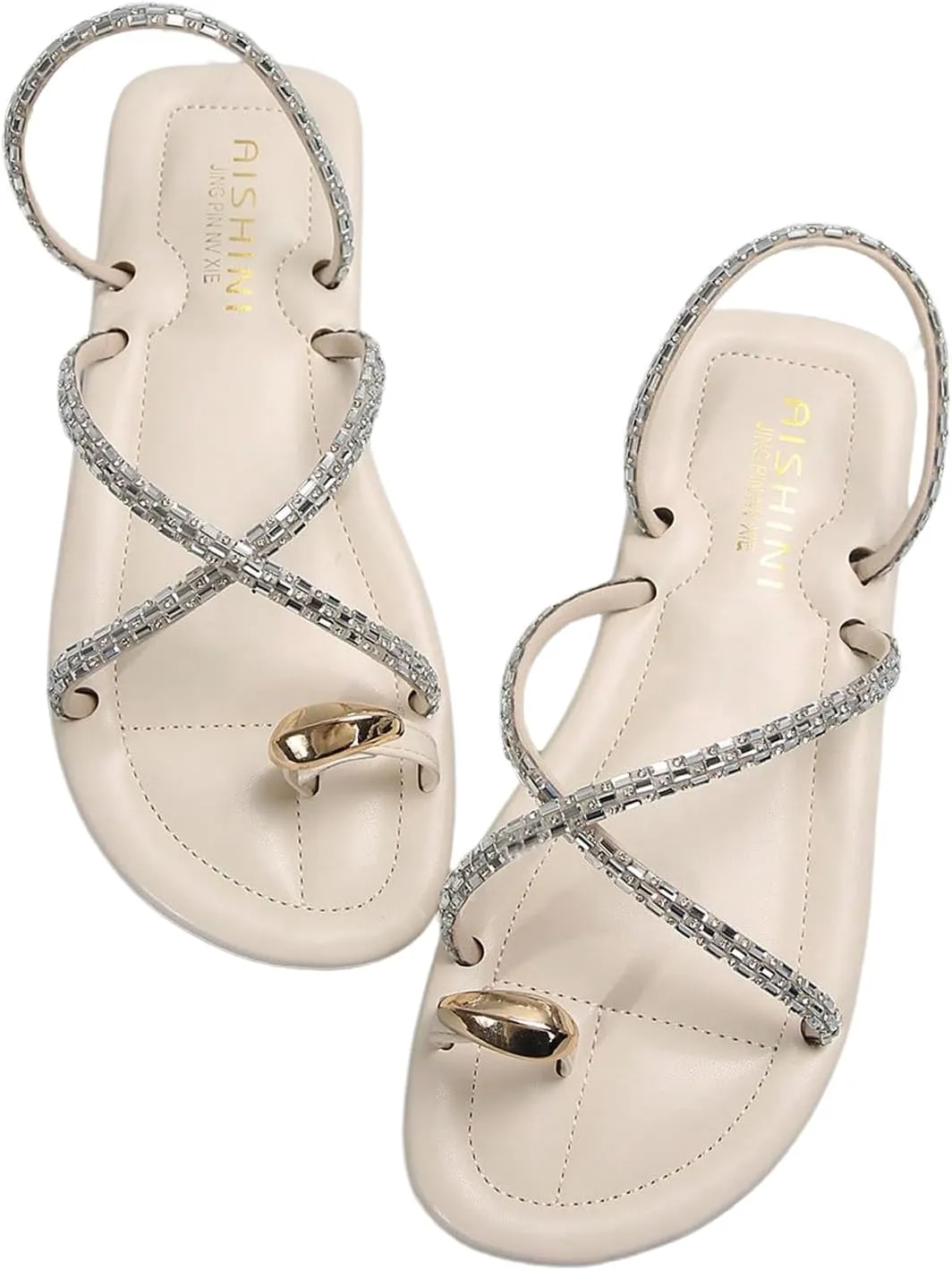 GORGLITTER Women's Glitter Rhinestone Criss Cross Strappy Slip On Sandals Open Toe Dressy Flats