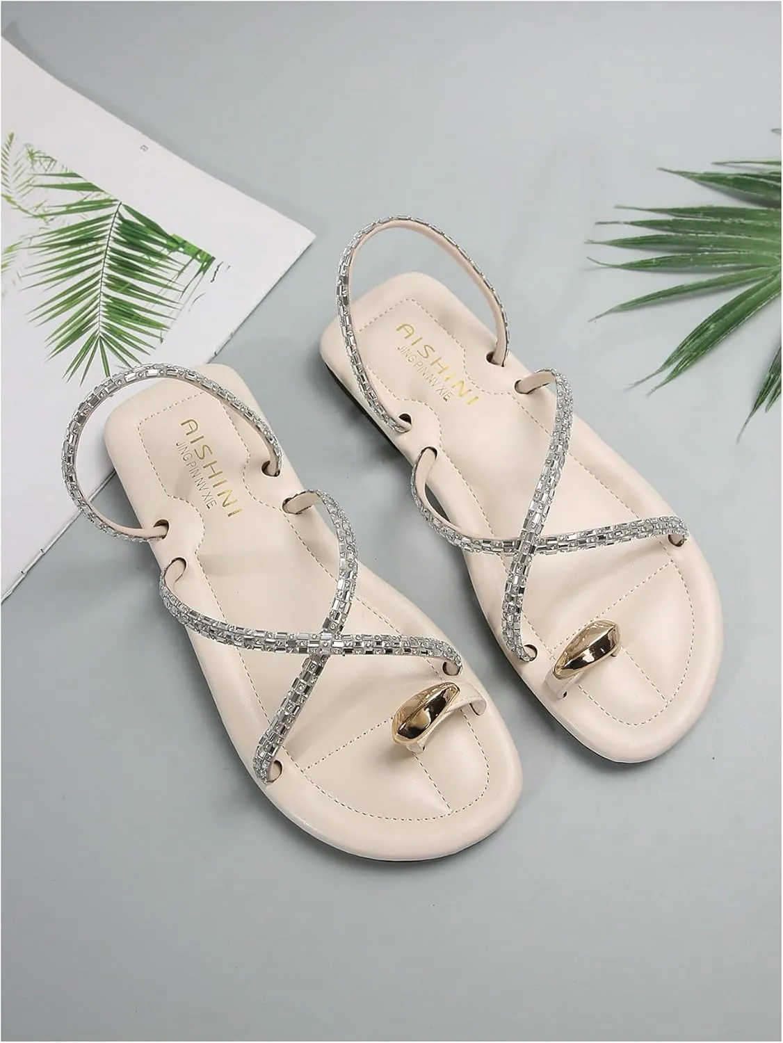 GORGLITTER Women's Glitter Rhinestone Criss Cross Strappy Slip On Sandals Open Toe Dressy Flats