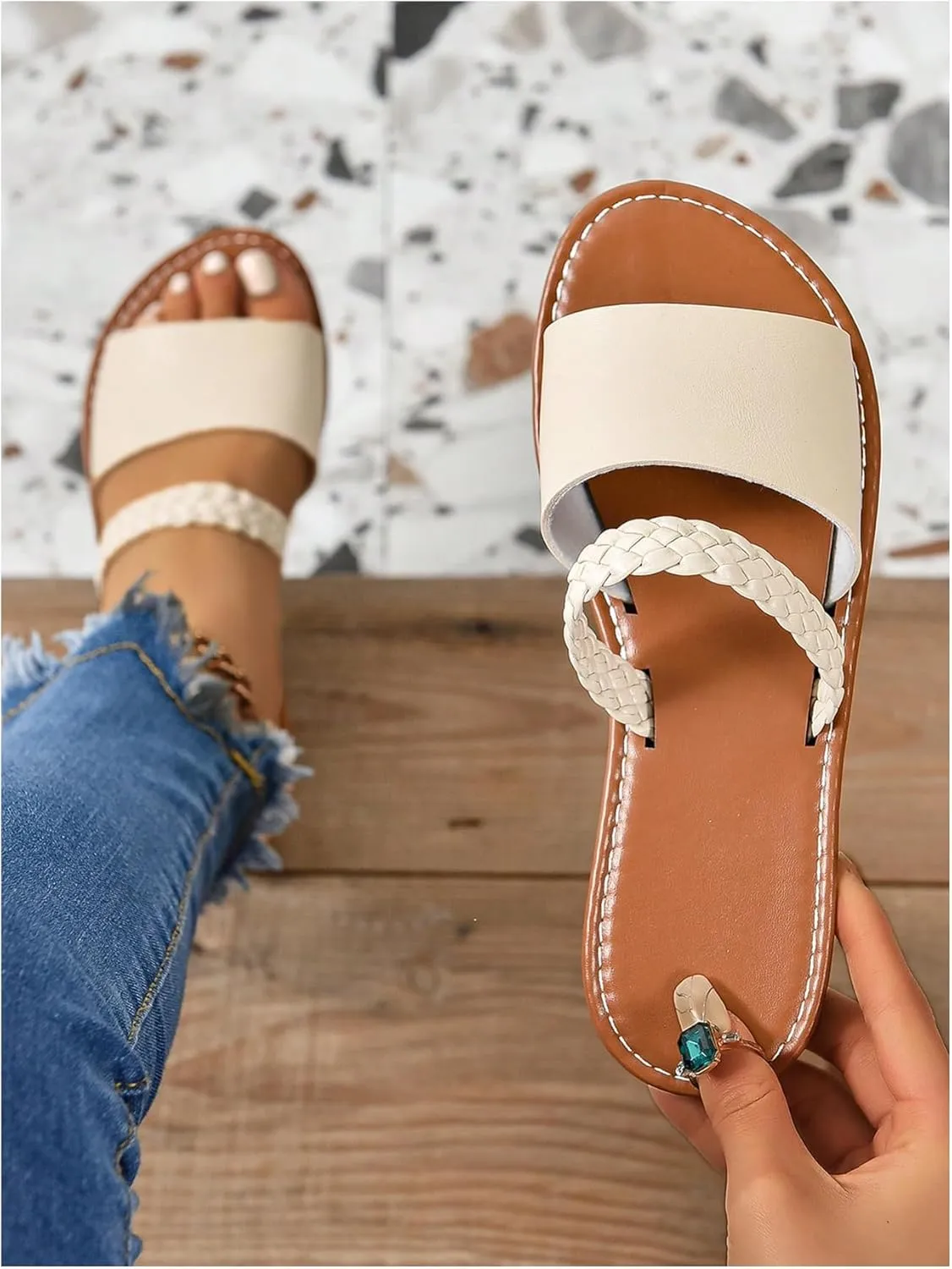 GORGLITTER Women's Leather Braided Flat Sandals Dressy Trendy Open Toe Slip on Slides Summer Vacation Beach Sandal