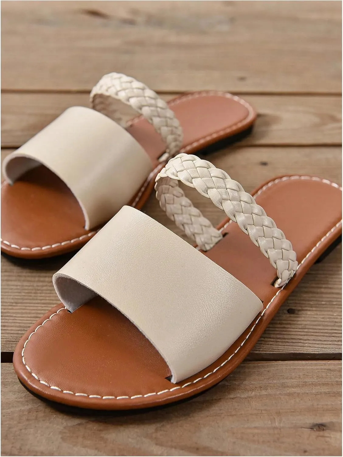 GORGLITTER Women's Leather Braided Flat Sandals Dressy Trendy Open Toe Slip on Slides Summer Vacation Beach Sandal