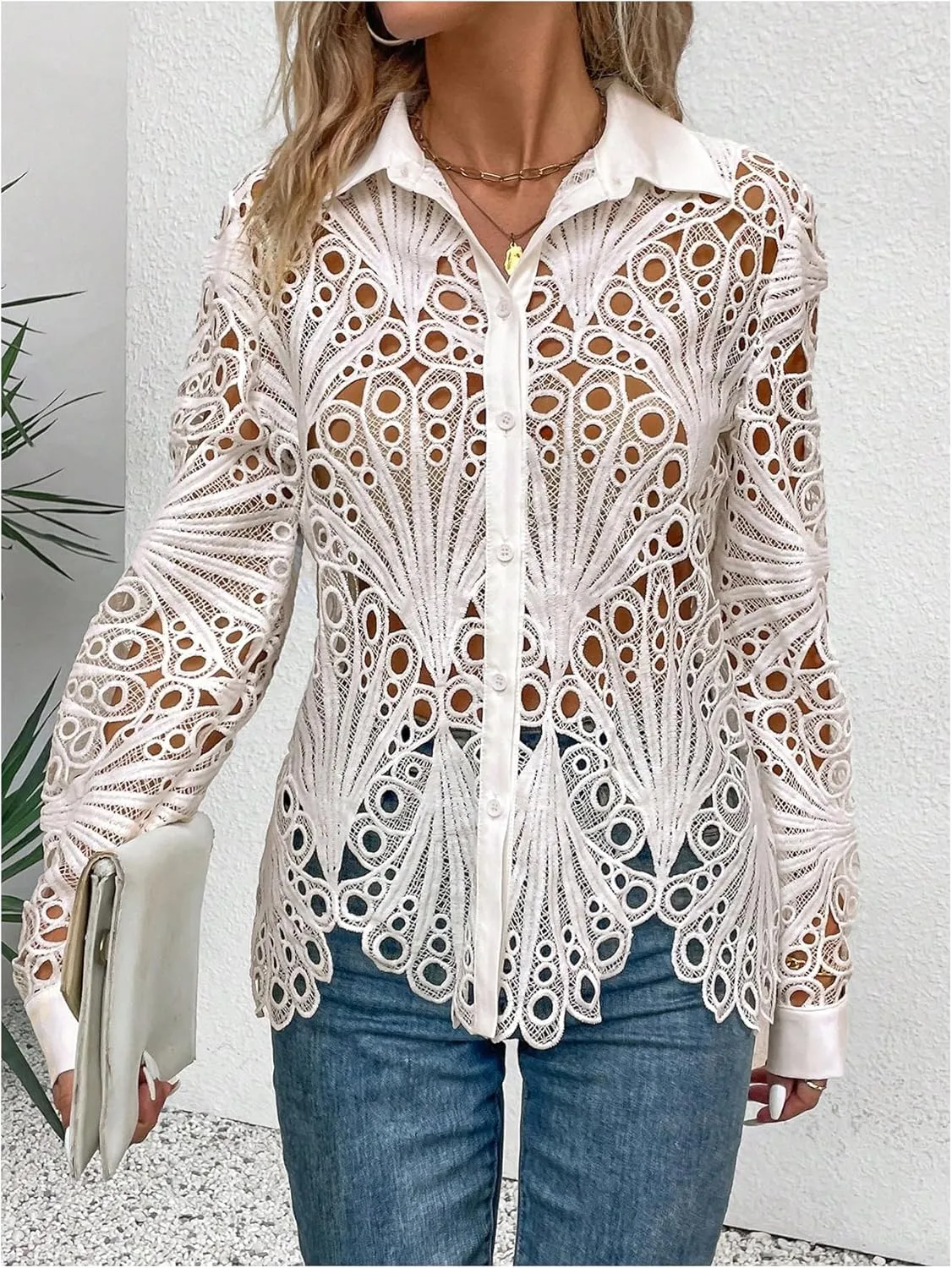 GORGLITTER Women's Sheer Hollow Out Button Down Blouse Long Sleeve Collar Trendy Fall Shirt Tops