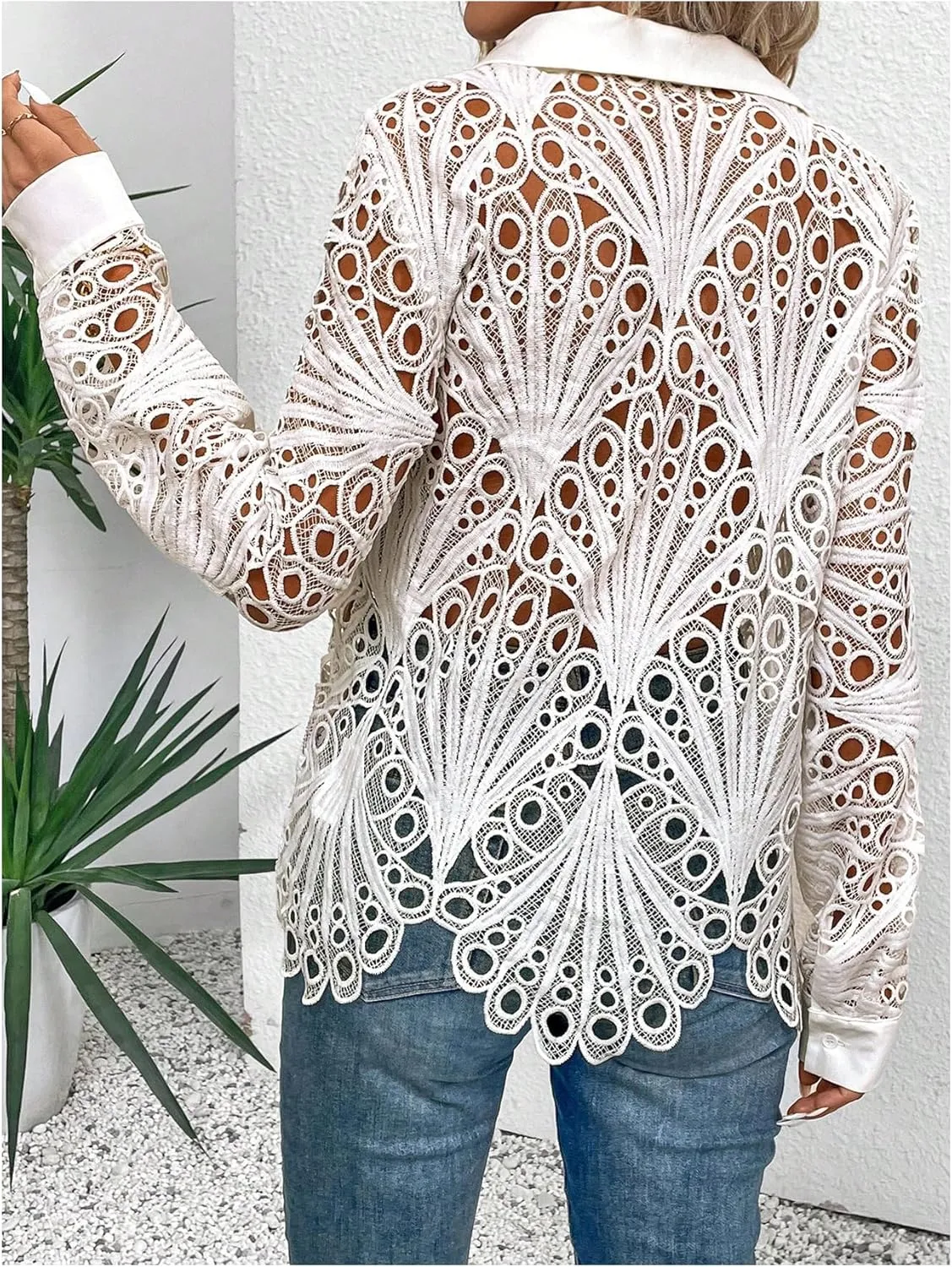 GORGLITTER Women's Sheer Hollow Out Button Down Blouse Long Sleeve Collar Trendy Fall Shirt Tops