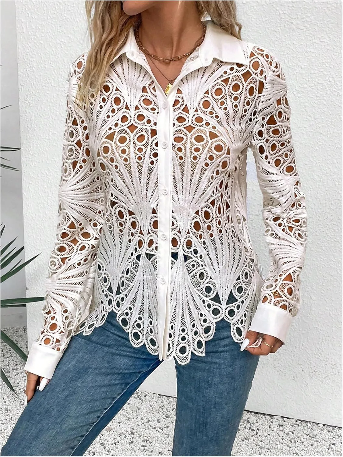 GORGLITTER Women's Sheer Hollow Out Button Down Blouse Long Sleeve Collar Trendy Fall Shirt Tops