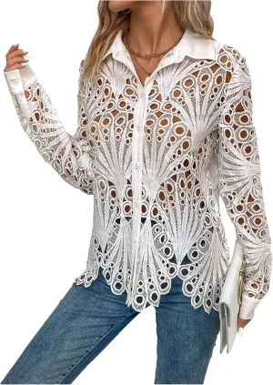 GORGLITTER Women's Sheer Hollow Out Button Down Blouse Long Sleeve Collar Trendy Fall Shirt Tops