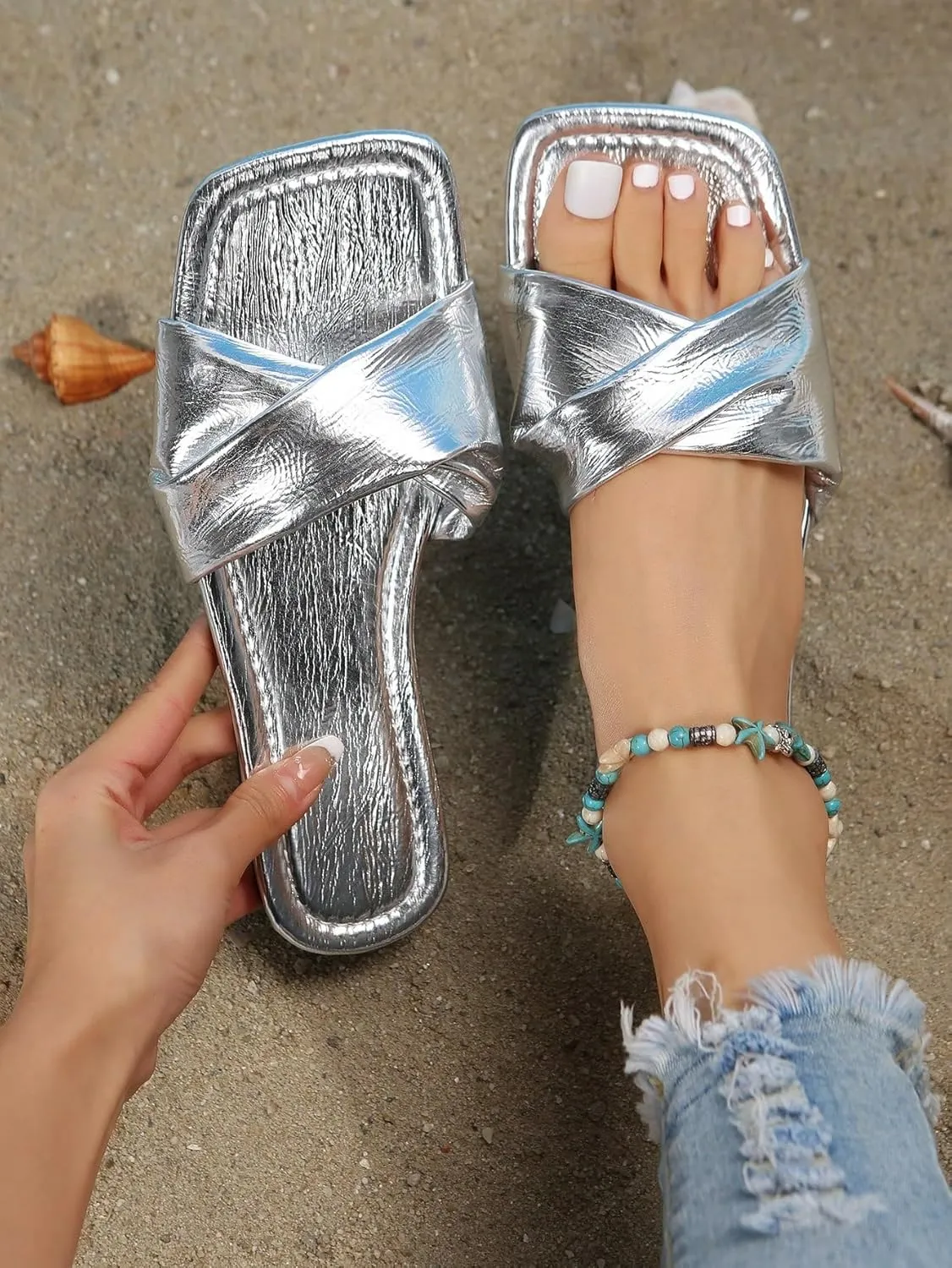 GORGLITTER Women's Silver Sandals Criss Cross Slip on Sandals Square Toe 2025 Trendy Vacation Sandals