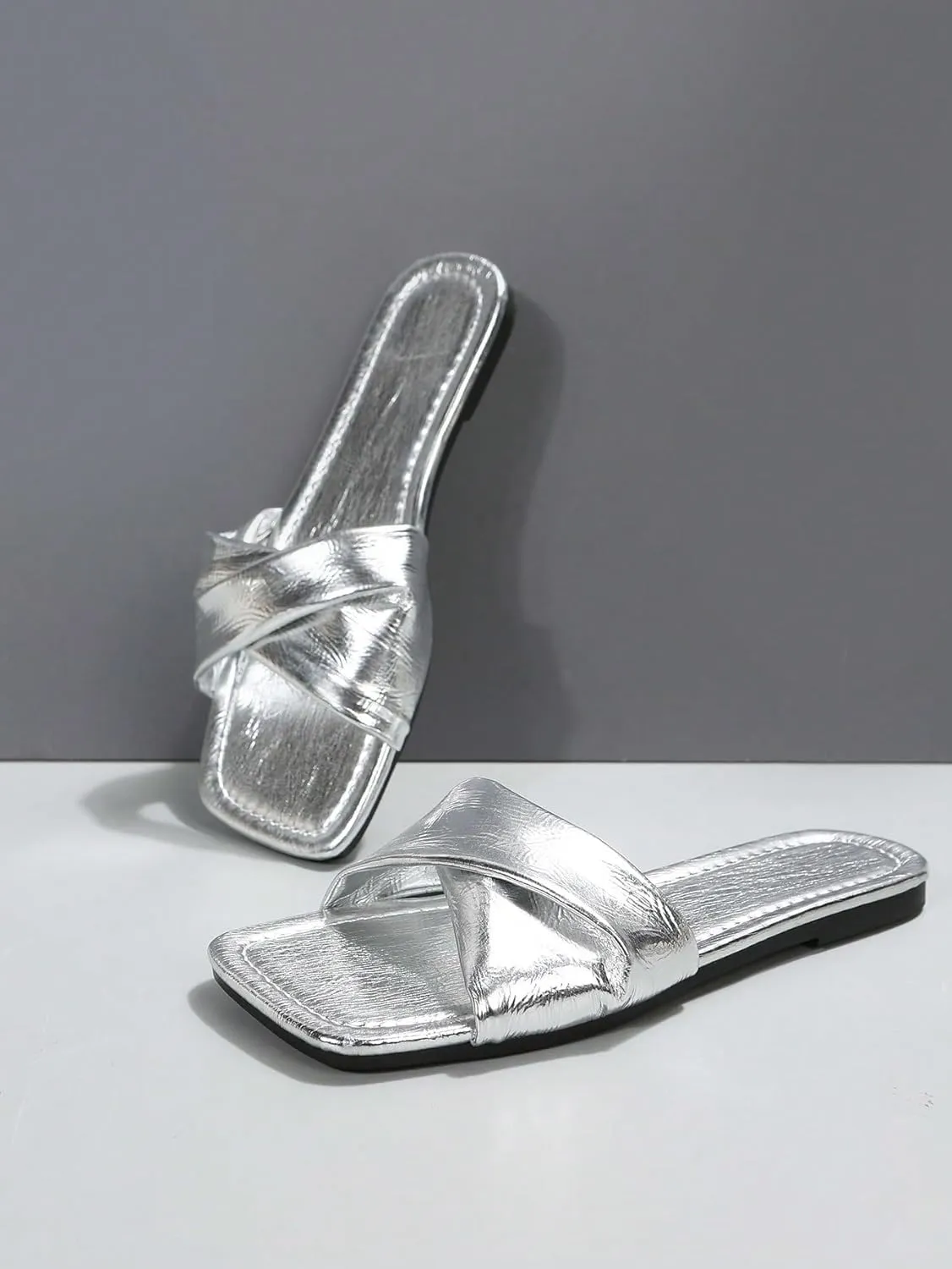 GORGLITTER Women's Silver Sandals Criss Cross Slip on Sandals Square Toe 2025 Trendy Vacation Sandals