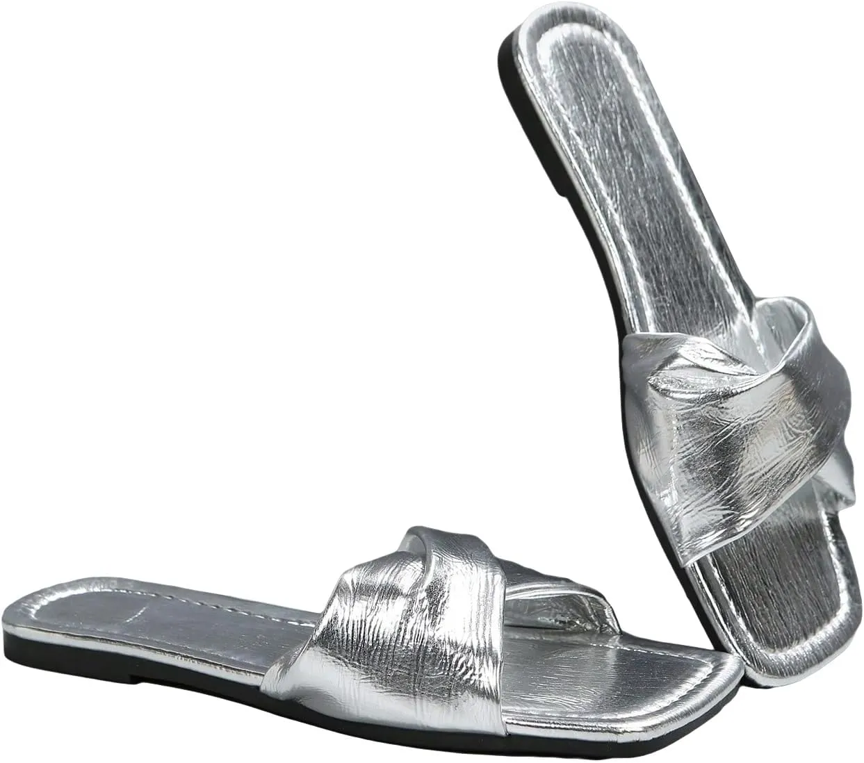 GORGLITTER Women's Silver Sandals Criss Cross Slip on Sandals Square Toe 2025 Trendy Vacation Sandals