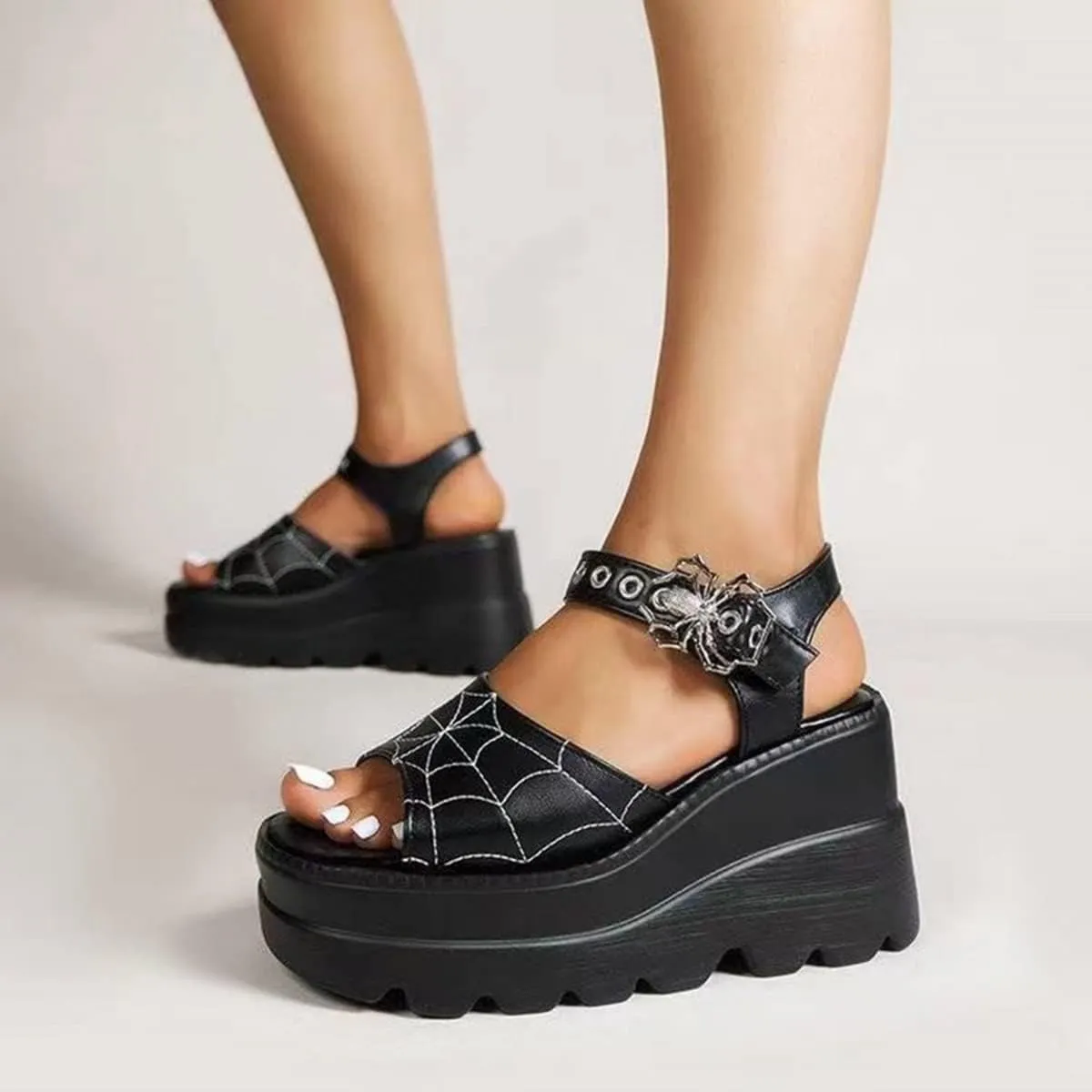 Gothniero women black platform sandals goth chunky wedge heel summer sandals girls gothic punk platform sandals for women metallic spider buckles slides size 5.5-11