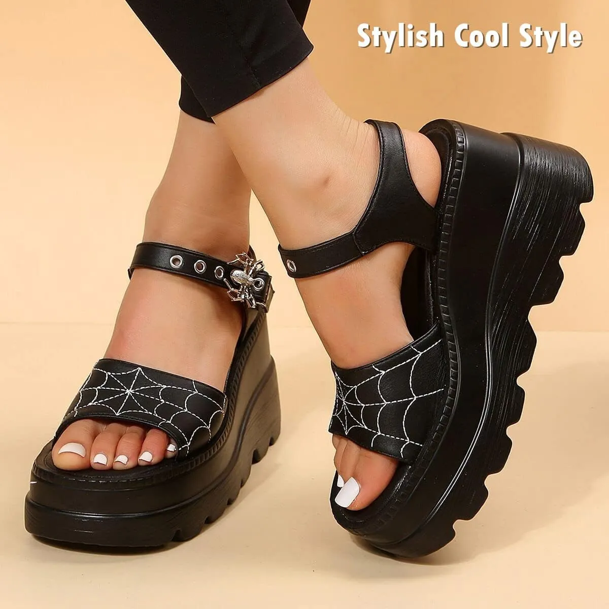 Gothniero women black platform sandals goth chunky wedge heel summer sandals girls gothic punk platform sandals for women metallic spider buckles slides size 5.5-11