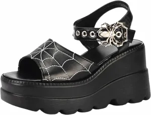 Gothniero women black platform sandals goth chunky wedge heel summer sandals girls gothic punk platform sandals for women metallic spider buckles slides size 5.5-11
