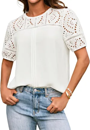 GRACE KARIN Women's 2025 Casual Tops Short Sleeve Eyelet Embroidered Summer Trendy Shirts Crewneck Crochet Blouses