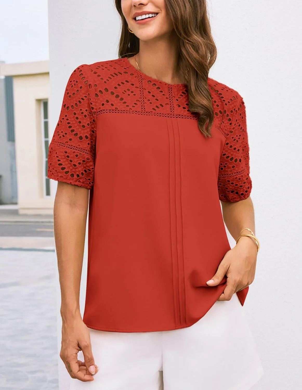GRACE KARIN Women's 2025 Casual Tops Short Sleeve Eyelet Embroidered Summer Trendy Shirts Crewneck Crochet Blouses