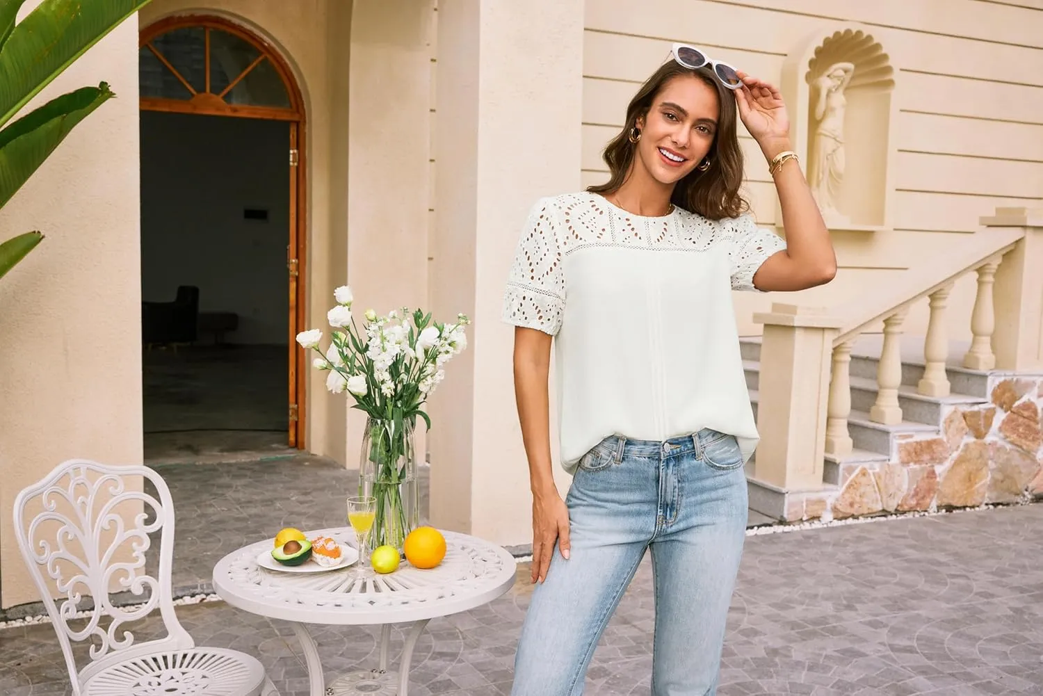 GRACE KARIN Women's 2025 Casual Tops Short Sleeve Eyelet Embroidered Summer Trendy Shirts Crewneck Crochet Blouses