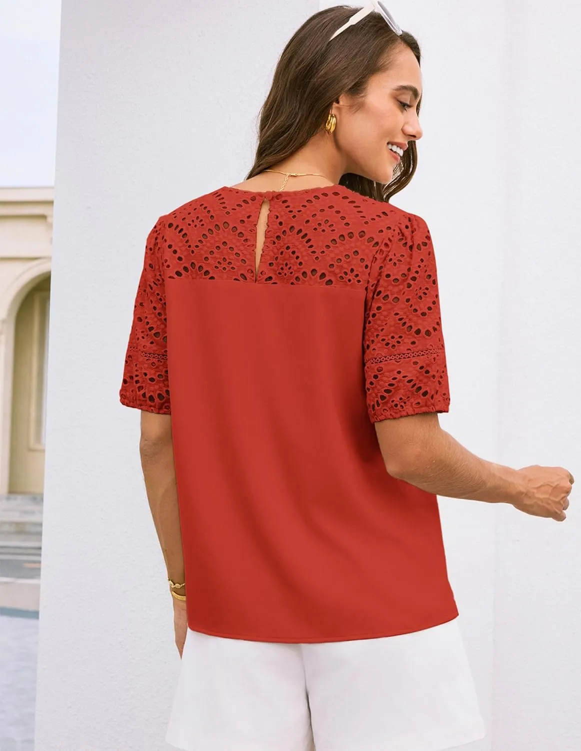 GRACE KARIN Women's 2025 Casual Tops Short Sleeve Eyelet Embroidered Summer Trendy Shirts Crewneck Crochet Blouses