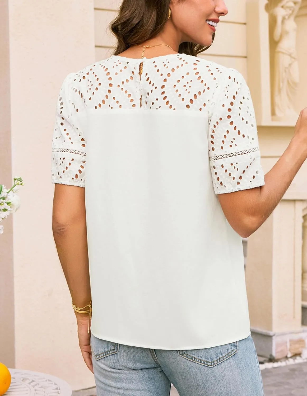 GRACE KARIN Women's 2025 Casual Tops Short Sleeve Eyelet Embroidered Summer Trendy Shirts Crewneck Crochet Blouses