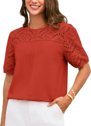 GRACE KARIN Women's 2025 Casual Tops Short Sleeve Eyelet Embroidered Summer Trendy Shirts Crewneck Crochet Blouses