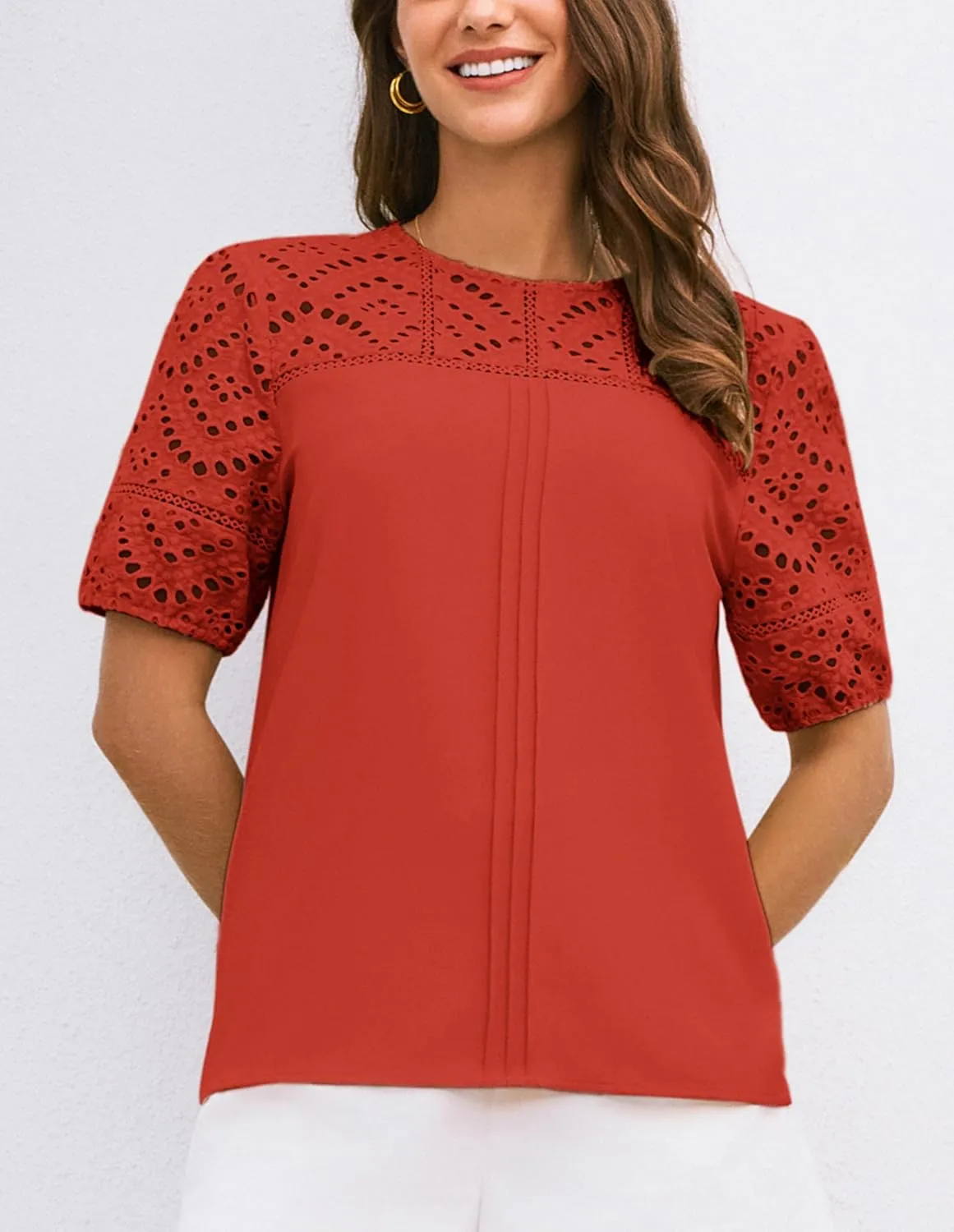 GRACE KARIN Women's 2025 Casual Tops Short Sleeve Eyelet Embroidered Summer Trendy Shirts Crewneck Crochet Blouses