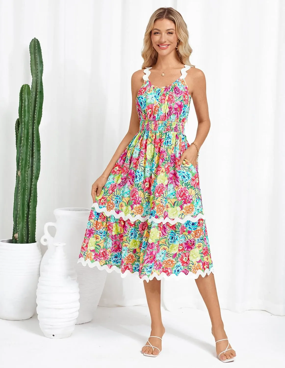 GRACE KARIN Womens 2025 Summer Floral Dress Casual Spaghetti Strap Flowy Outfit RIC Rac Trim Sundress Beach Midi Clothes