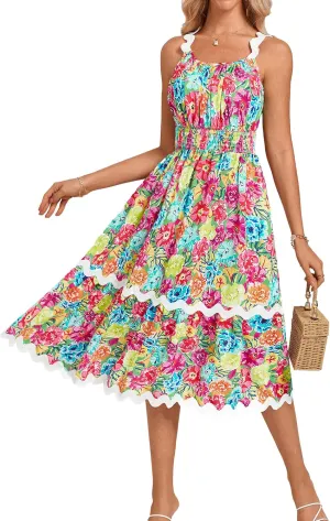 GRACE KARIN Womens 2025 Summer Floral Dress Casual Spaghetti Strap Flowy Outfit RIC Rac Trim Sundress Beach Midi Clothes