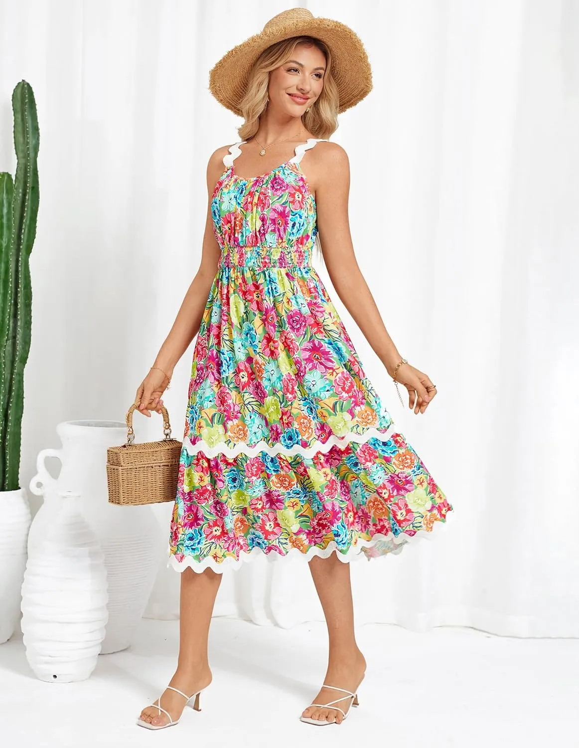 GRACE KARIN Womens 2025 Summer Floral Dress Casual Spaghetti Strap Flowy Outfit RIC Rac Trim Sundress Beach Midi Clothes