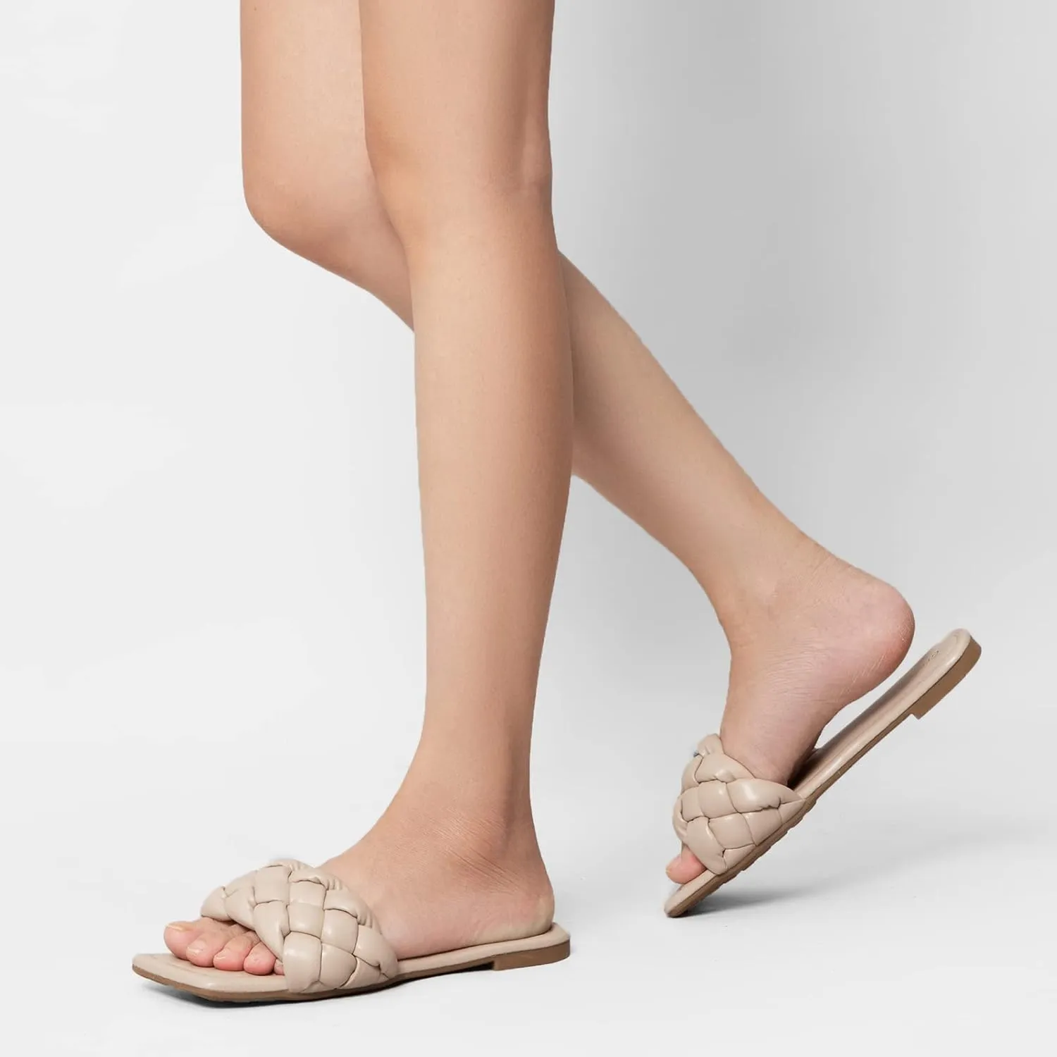 Greatonu Braided Flat Sandals for Women Square Open Toe Slide Sandals Summer Slip On Casual Woven Sandals