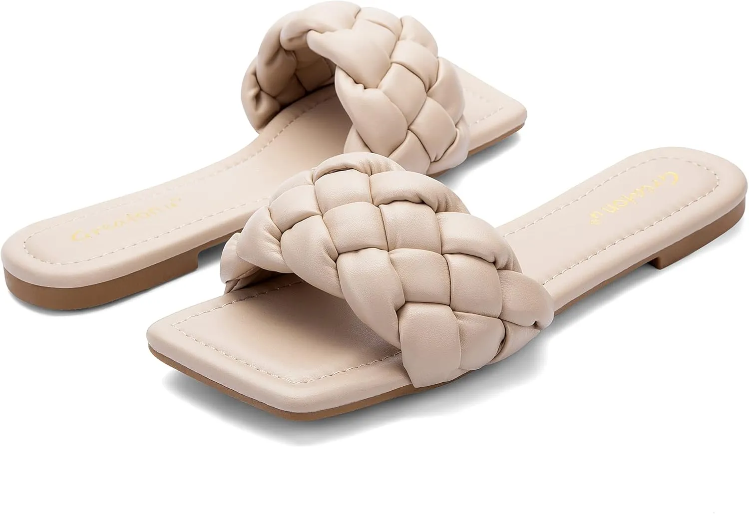 Greatonu Braided Flat Sandals for Women Square Open Toe Slide Sandals Summer Slip On Casual Woven Sandals