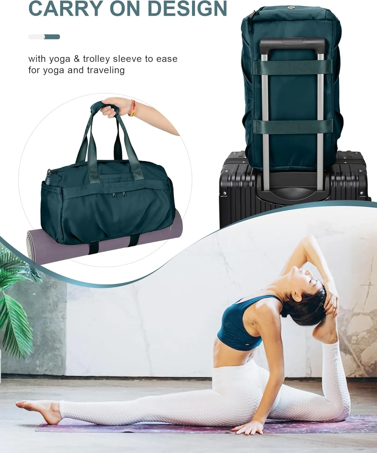 Gym Bag for Women Men, Sport Duffel Bag with Toiletry Bag & Shoe Compartment,Waterproof Travel Weekender Overnight Carry on Bag for Yoga with Trolley Sleeve, Peacock Blue Set