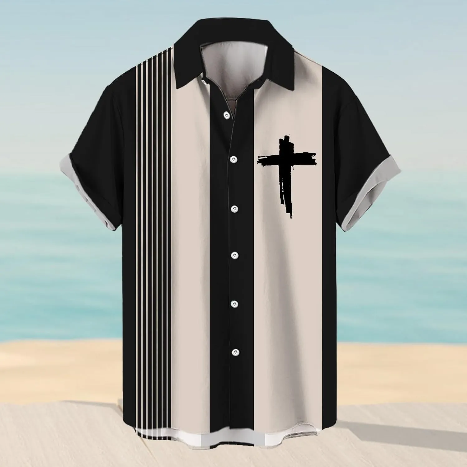 Hawaiian Bowling Shirts for Men Short Sleeve Print Regular Fit Button Down Color Block Tops Summer Beach Casual Shirt