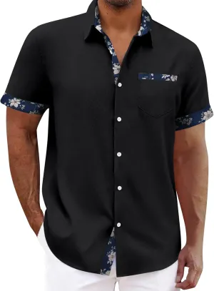 Hawaiian Shirt for Men Button Down Short Sleeve Casual Loose V Neck Blouses Summer Beach Vacation Shirts with Pocket